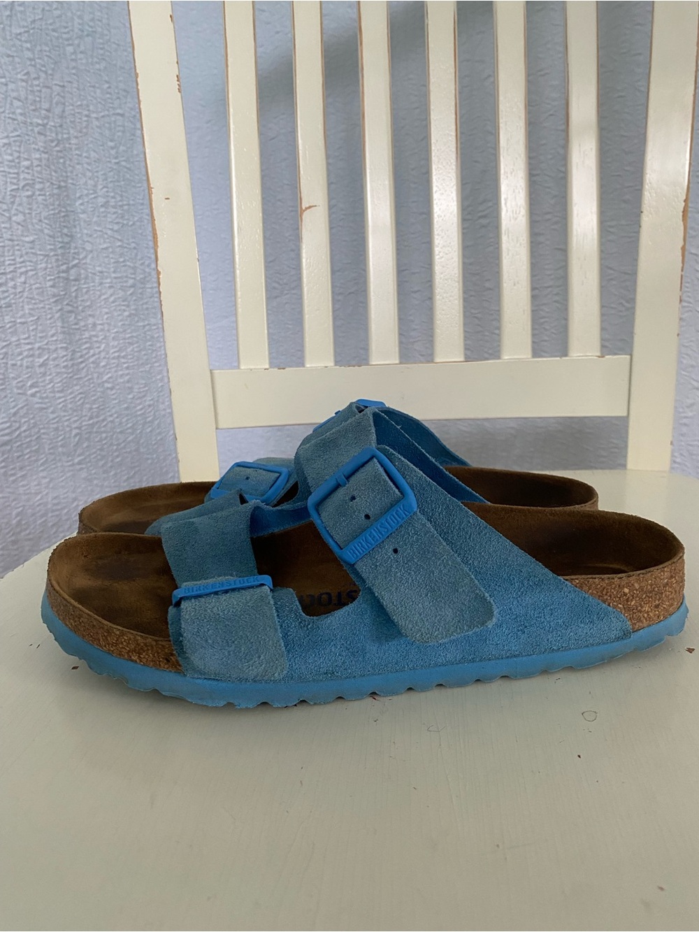 Birkenstock Arizona Two-Strap Suede Softbed Sandals in Blue - Picture 2 of 10